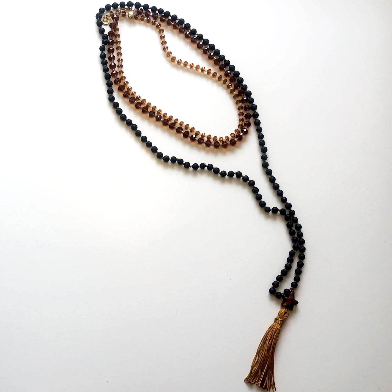 Japamala and brown crystal necklace