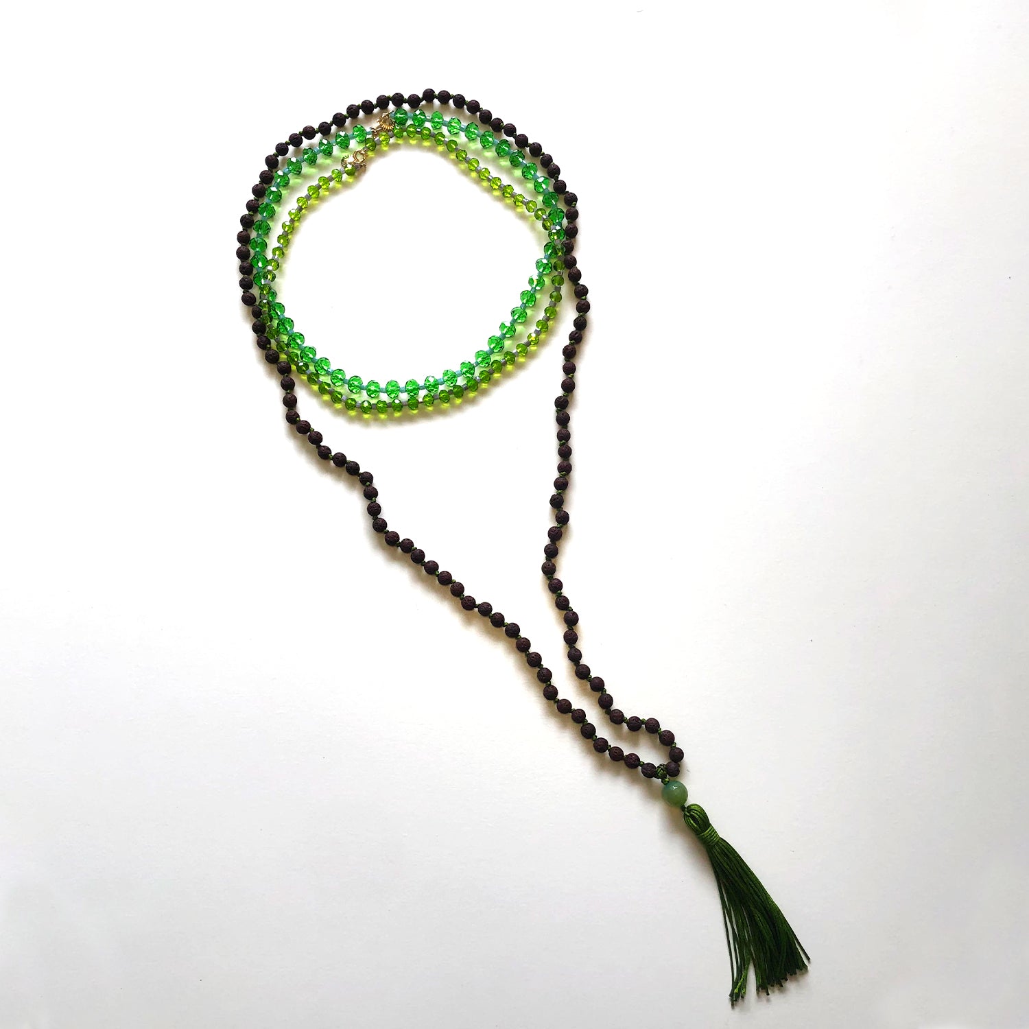 Brown japamala and green crystal necklaces